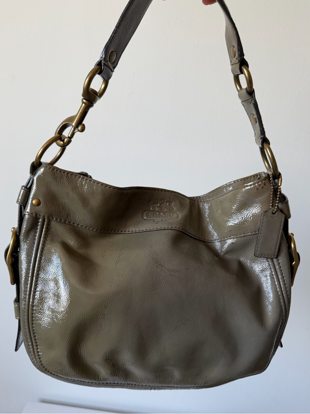 Coach Zoe Patent Leather Hobo Shoulder Bag Olive- Grey 12735 - Picture 2 of 12